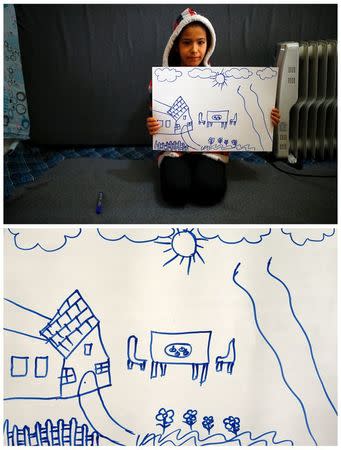 A combination picture shows Syrian refugee Hale Selim, 13, as she shows her drawing of her home in Syria, in her tent in Yayladagi refugee camp in Hatay province near the Turkish-Syrian border, Turkey, December 16, 2015 (top) and her drawing (bottom) January 12, 2016. REUTERS/Umit Bektas