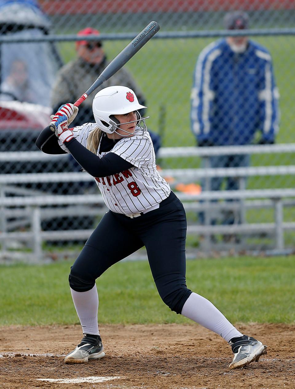 Crestview High School's PJ Endicott (8) bats against Loudonville High School during high school softball action Monday, April 24, 2023 at Crestview High School. TOM E. PUSKAR/ASHLAND TIMES-GAZETTE