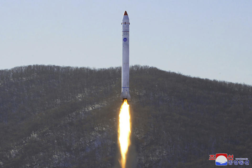 This photo provided by the North Korean government, shows what it says a test of a rocket with the test satellite at the Sohae Satellite Launching Ground in North Korea Sunday, Dec. 18, 2022. Independent journalists were not given access to cover the event depicted in this image distributed by the North Korean government. The content of this image is as provided and cannot be independently verified. Korean language watermark on image as provided by source reads: "KCNA" which is the abbreviation for Korean Central News Agency. (Korean Central News Agency/Korea News Service via AP)