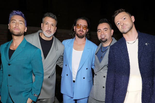 <p>Kevin Mazur/Getty </p> Lance Bass, Joey Fatone, JC Chasez, Chris Kirkpatrick and Justin Timberlake of *NSYNC in Newark in September 2023