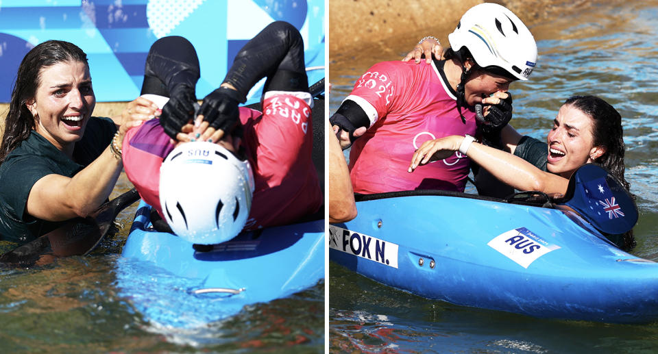 Jessica Fox, pictured here jumping into the water to celebrate with sister Noemie.