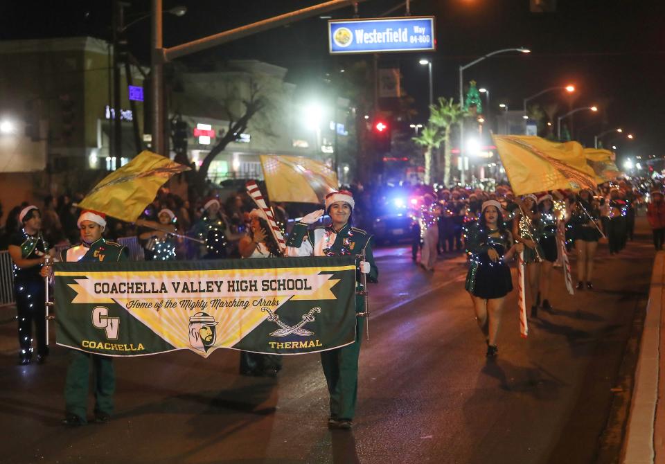 The Coachella Valley High School marching band marches in the Coachella Holiday Parade, December 10, 2021.