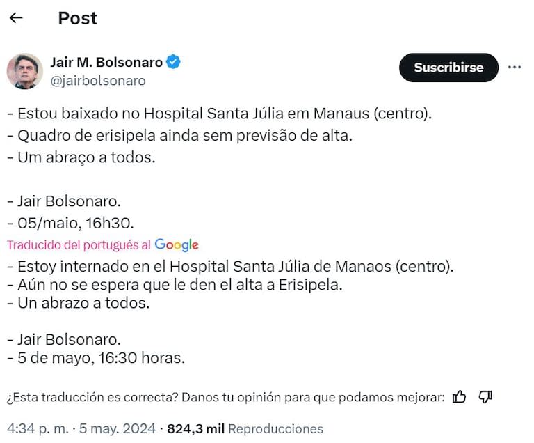 El mensaje de Jair Bolsonaro en el que informó que se encuentra internado