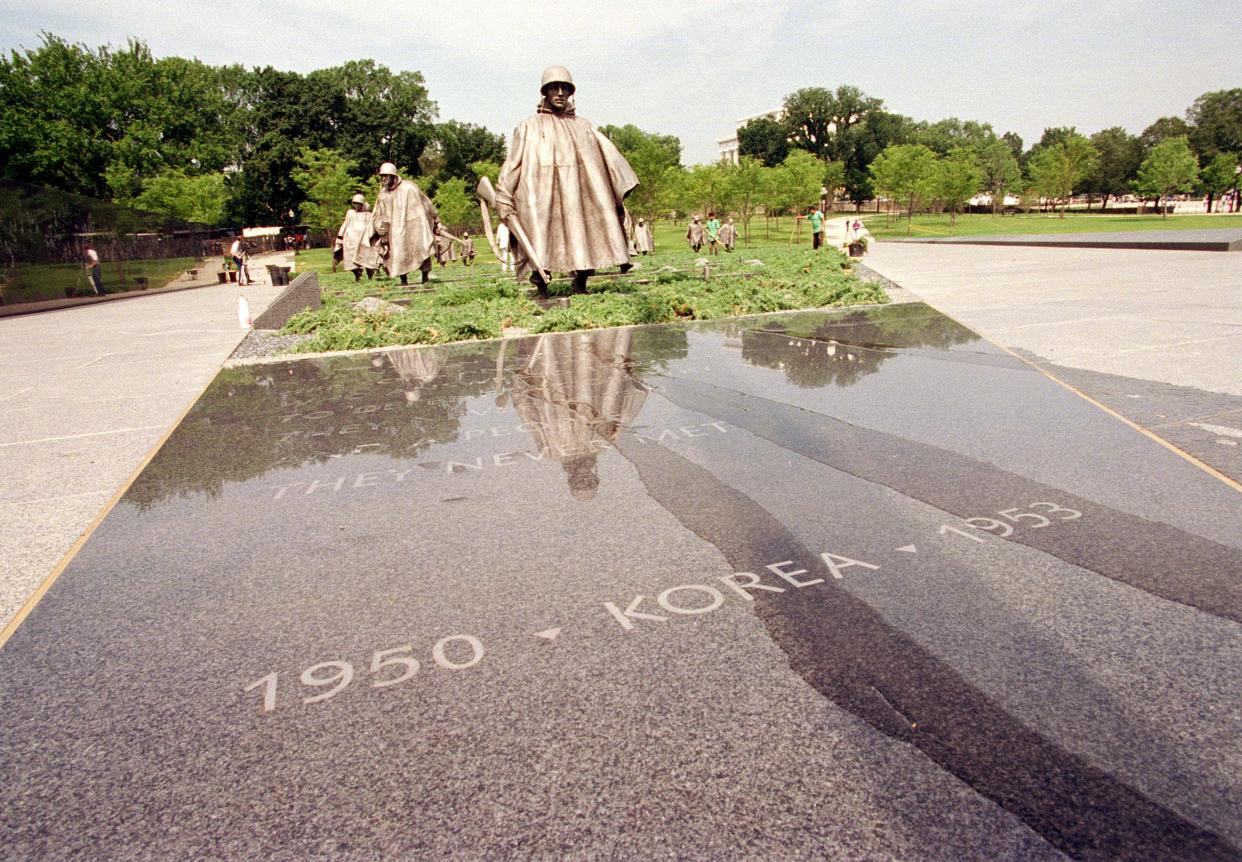 The Korean War Veterans Memorial, with soldier statues, is seen in Washington, D.C.