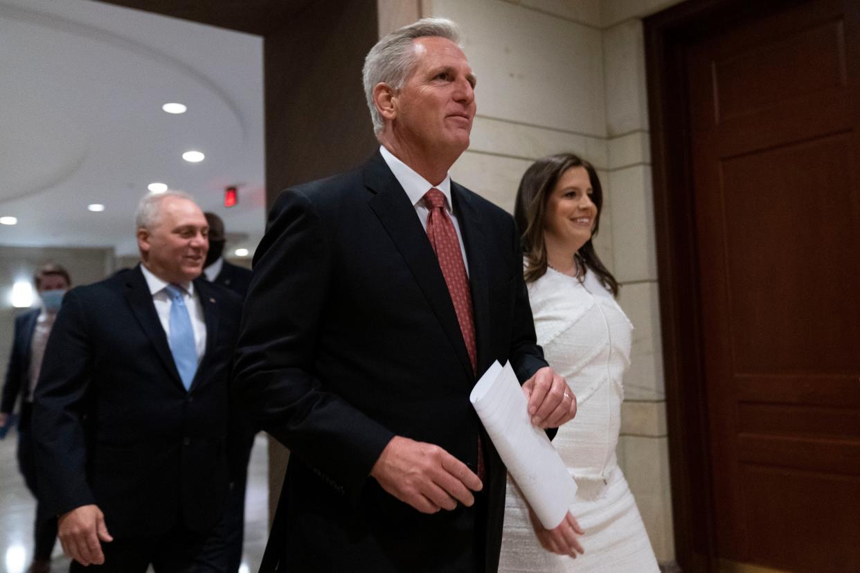 Newly-elected House Republican Conference Chair Rep. Elise Stefanik, R-N.Y. (right) and House Minority Leader Kevin McCarthy of Calif. (left) walk towards members of the media after Stefanik was elected chair of the House Republican Conference on Friday.