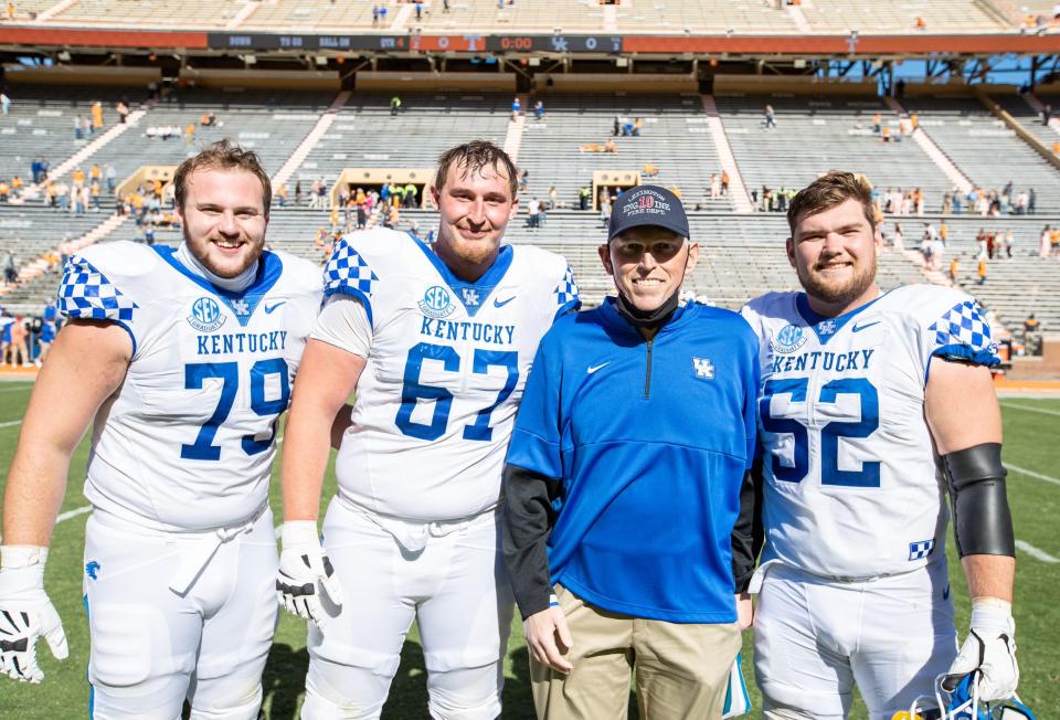 Luke Fortner (left), Landon Young, John Schlarman and Drake Jackson pose for a photo in 2020.