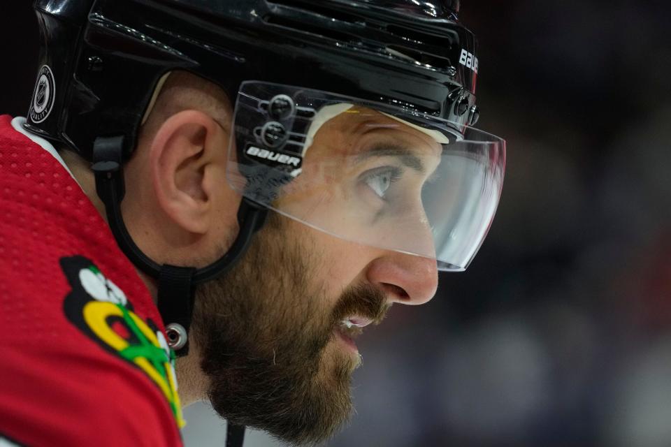 Chicago Blackhawks left wing Nick Foligno warms up before an NHL hockey game against the Toronto Maple Leafs Friday, Nov. 24, 2023, in Chicago. (AP Photo/Erin Hooley)