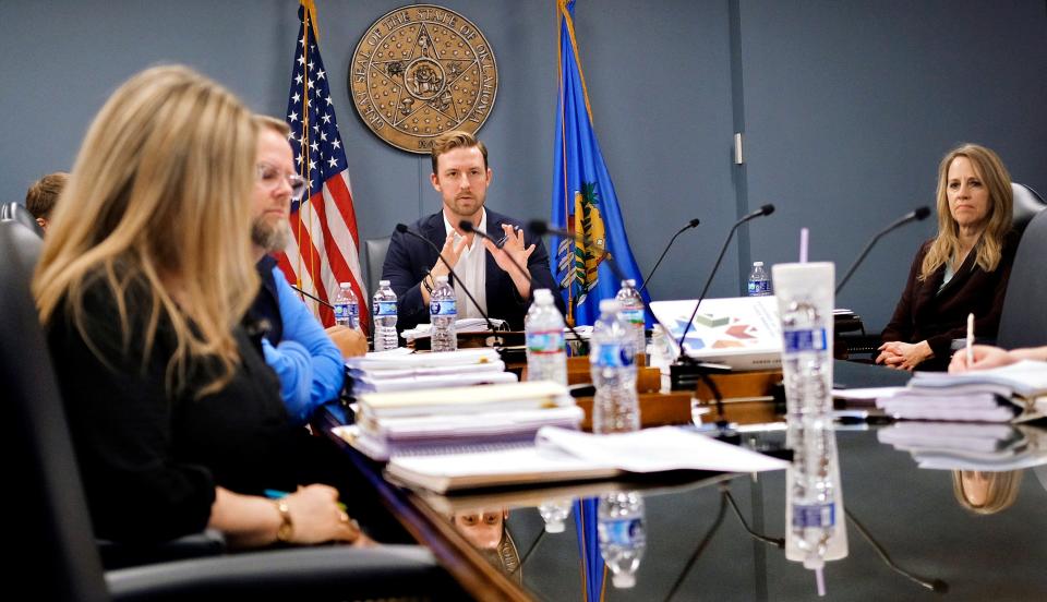 State schools Superintendent Ryan Walters talks to the State Board of Education during a February meeting.