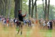 May 17, 2019; Bethpage, NY, USA; Tiger Woods on the seventh hole during the second round of the PGA Championship golf tournament at Bethpage State Park - Black Course. Mandatory Credit: Brad Penner-USA TODAY Sports