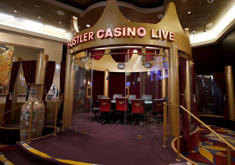 GARDENA, CALIF. - OCT. 27, 2022. The room where high rollers play poker for Hustler Casino Live, a live stream poker show from the Hustler Casino in Gardena. (Luis Sinco / Los Angeles Times)