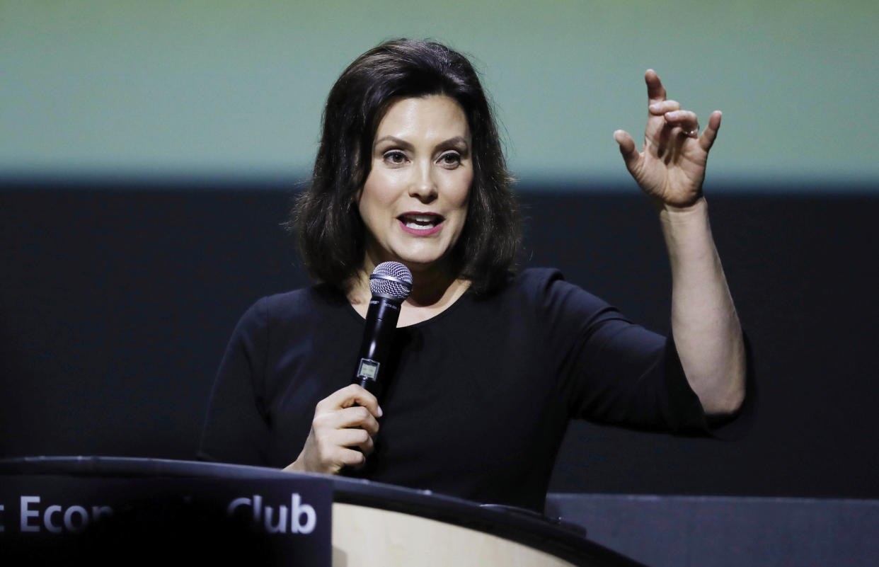 Michigan Gov.-elect Gretchen Whitmer (D) speaks at the Detroit Economic Club on Oct. 31. She is not joining a Wednesday protest against the GOP's lame-duck power grab. (Photo: Carlos Osorio/Associated Press)