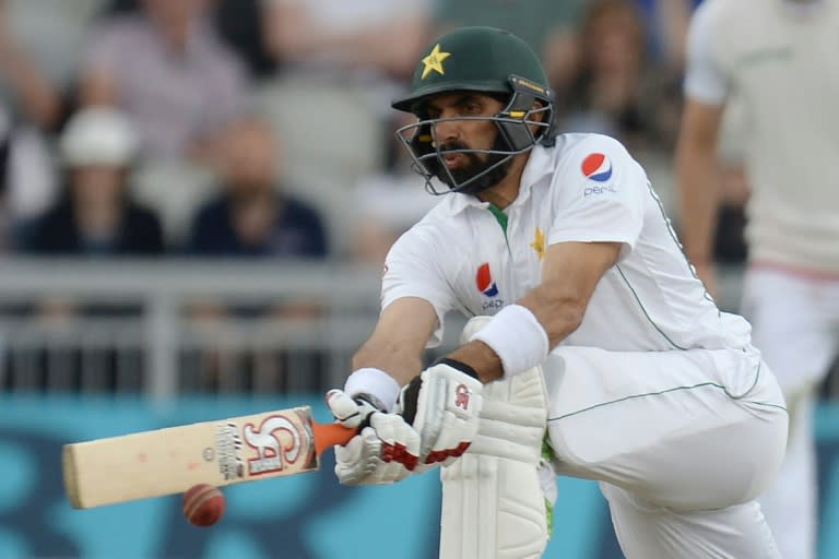 Pakistan's captain Misbah-ul-Haq plays a shot on July 24, 2016