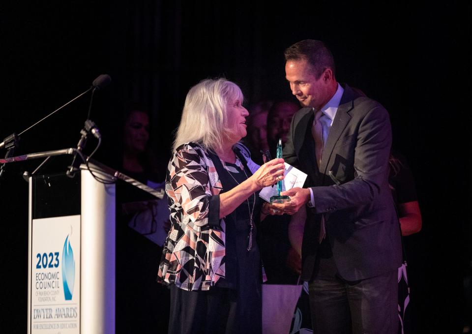 South Olive Elementary teacher Magaly Hodgkiss was present the Dwyer Award for Excellence in Education for Early Learning Education by PNC Bank's Cressman Bronson during a ceremony at the Kravis Center on May 1, 2023 in West Palm Beach, Florida.