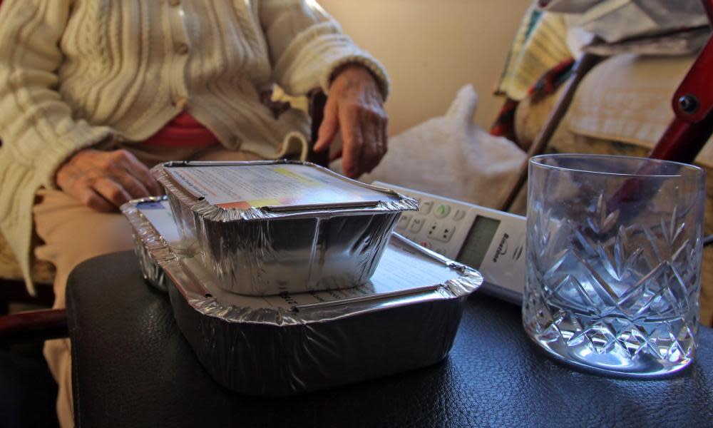 Elderly woman with meals on wheels dinner