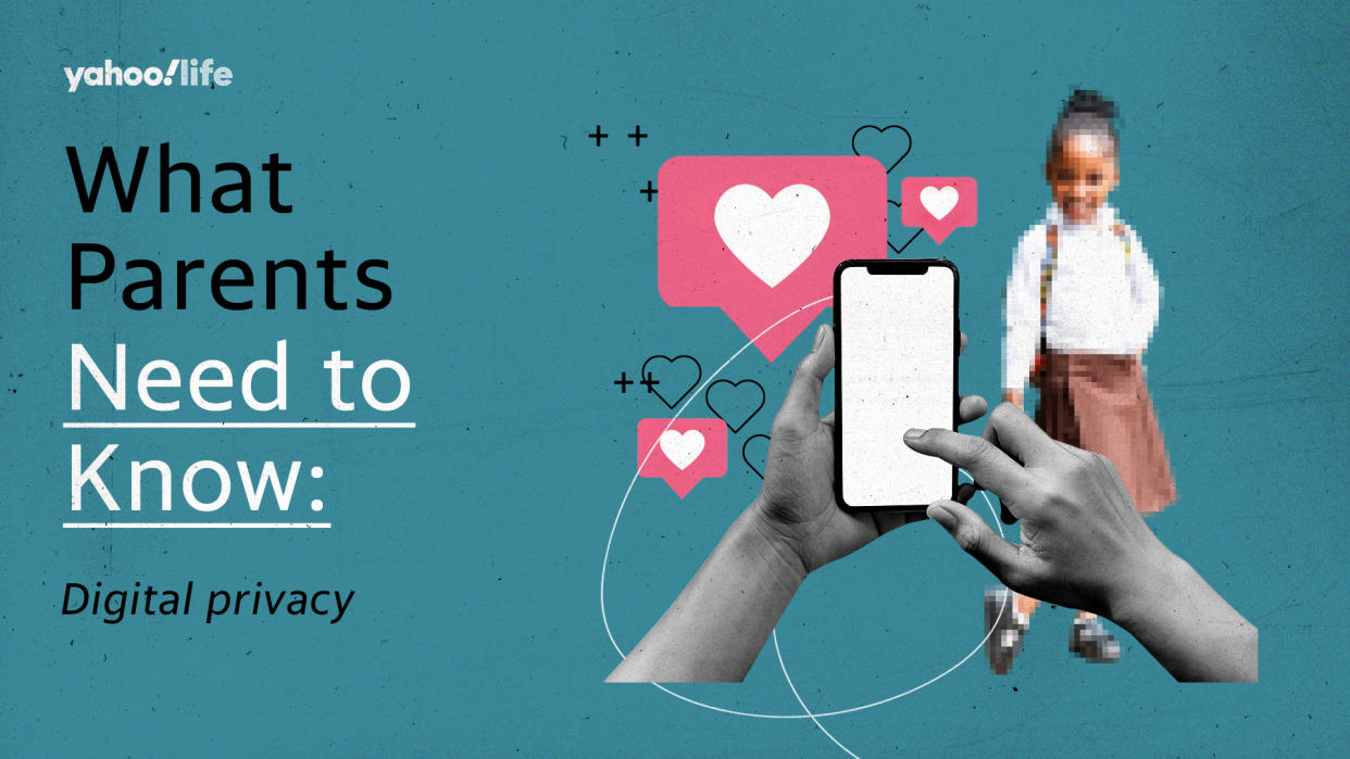 A photo illustration shows a pair of hands holding a smartphone, with heart emojis and a pixelated image of a little girl beyond. Text reads: What Parents Need to Know: Digital privacy.