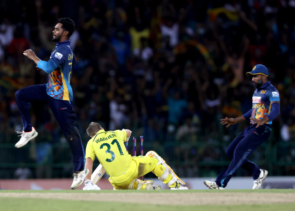 David Warner, pictured here after being dismissed for 99 in the fourth ODI against Sri Lanka.