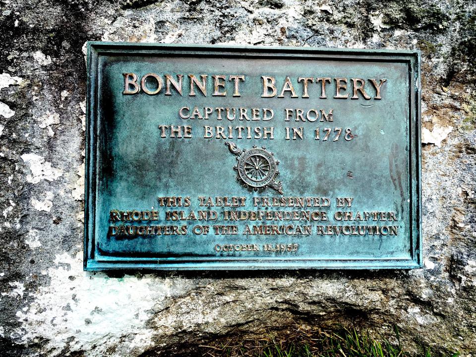 This tablet, dedicated in October 1957 by the DAR, is historically inaccurate. Bonnet Battery was not captured from the British; it remained in American hands throughout the Revolution.