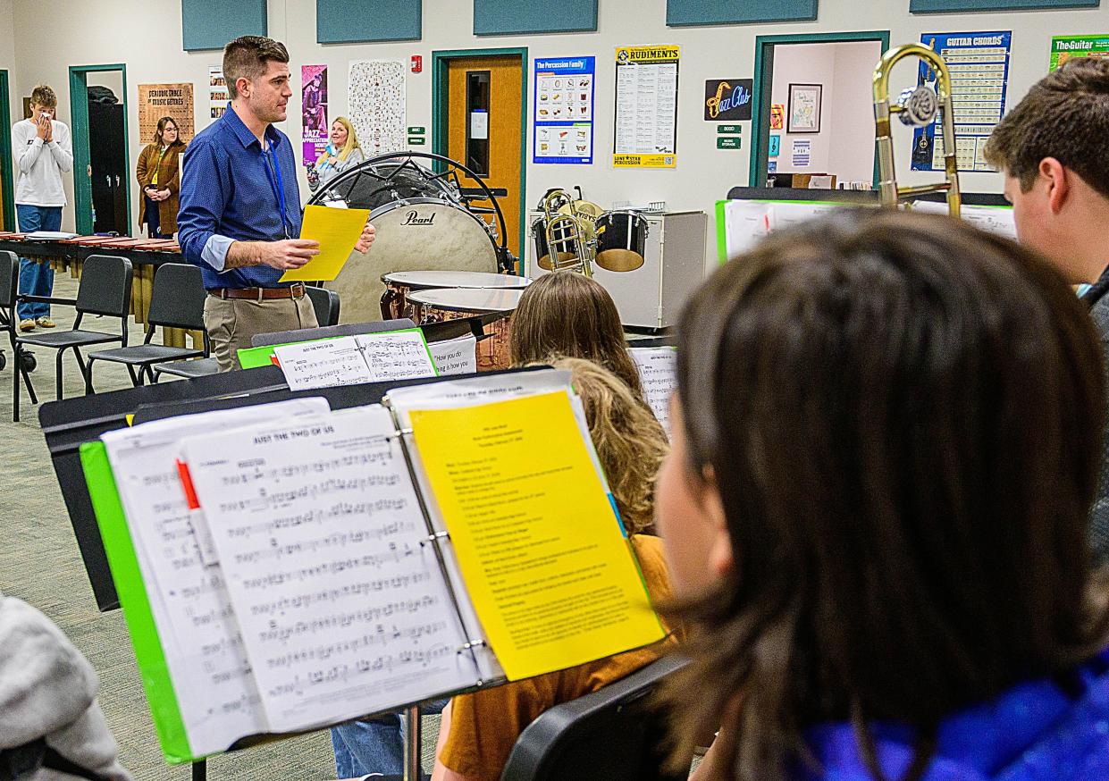 Andrew Burk, Valley Ridge Academy band director, works with students in his jazz band class at the school on Friday, Jan. 21, 2022. Burk is St. Johns County Teacher of the Year for 2022.