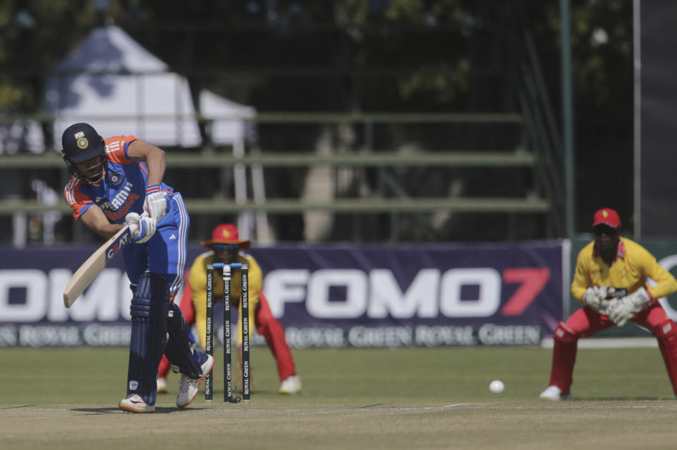 India's Shubman Gill plays a ball at the wicket, during the third T20 match between Zimbabwe and India, at the Harare Sports Club, in Harare, Wednesday, July 10. 2024. (AP Photo/Wonder Mashura)