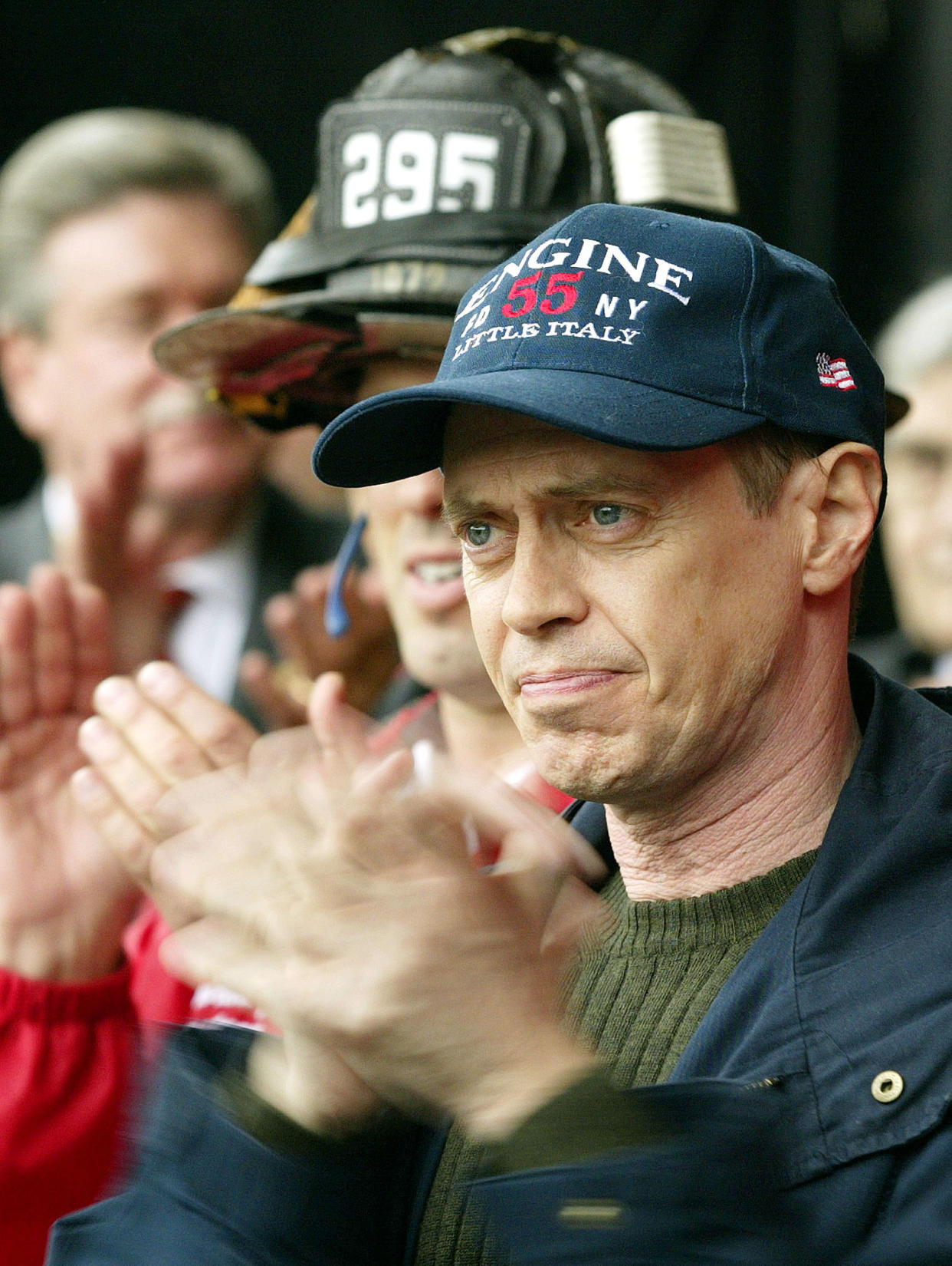 Actor Steve Buscemi applauds at a protest staged by firefighters in New
York, October 11, 2002. The New York Firefighter Rally, organized by
the Uniformed Firefighters Association, was held to protest current
wages. The union rejected a proposal on October 10 to increase pay by
11.5 percent over 30 months. The president of the 9,000-member union
said the members have been working without a contract for 29 months and
deserve a larger raise. Buscemi is a former fireman. REUTERS/Shannon
Stapleton

PM