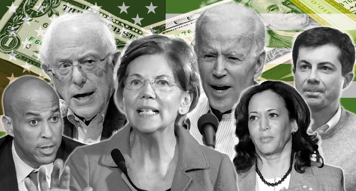 Cory Booker, Bernie Sanders, Elizabeth Warren, Joe Biden, Kamala Harris and Pete Buttigieg. (Photo illustration: Yahoo News; photos: AP(6), Getty Images.