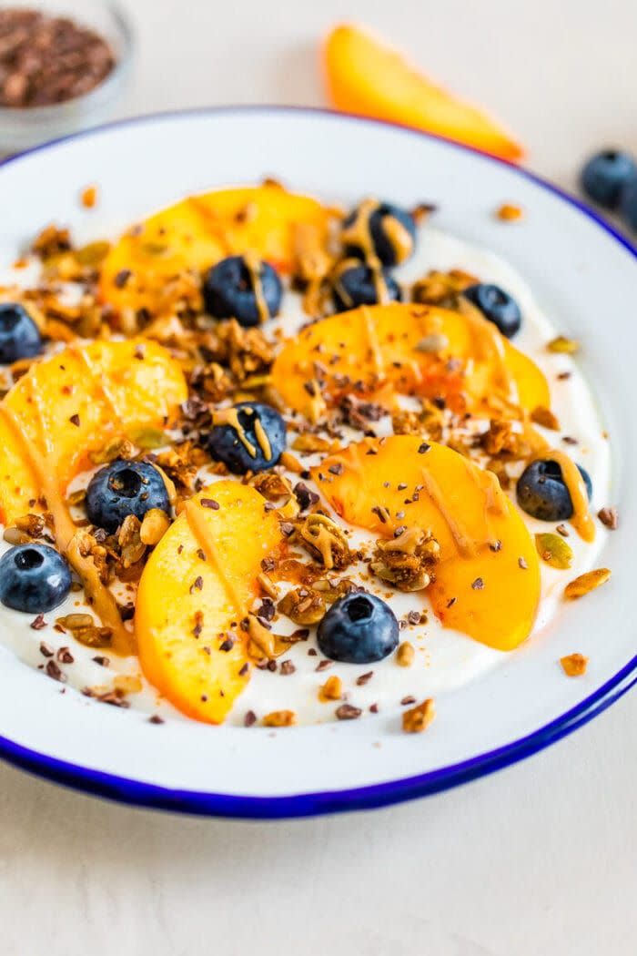 5) Greek Yogurt Bowl with Blueberries and Peach