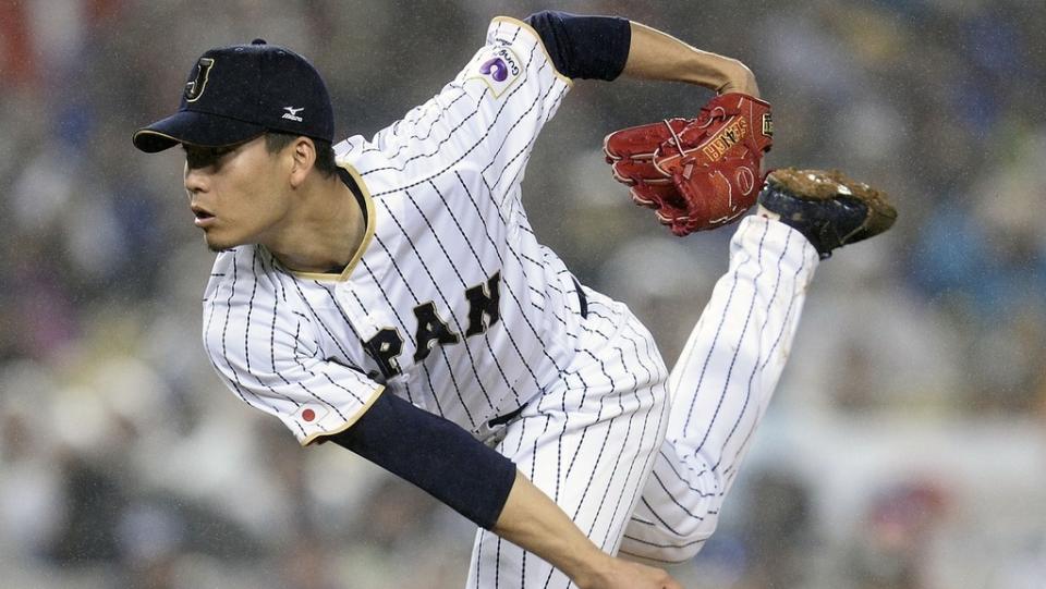 March 21, 2017;  Los Angeles, CA, USA;  Japan pitcher Kodai Senga (41) throws in the eighth inning against USA during the 2017 World Baseball Classic at Dodger Stadium.