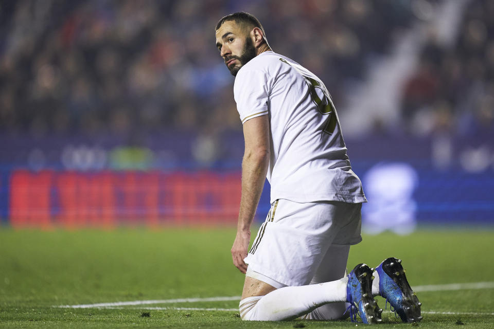 VALENCIA, SPAIN - FEBRUARY 22: Karim Benzema of Real Madrid reacts during the La Liga match between Levante UD and Real Madrid CF at Ciutat de Valencia on February 22, 2020 in Valencia, Spain. (Photo by Mateo Villalba/Quality Sport Images/Getty Images)