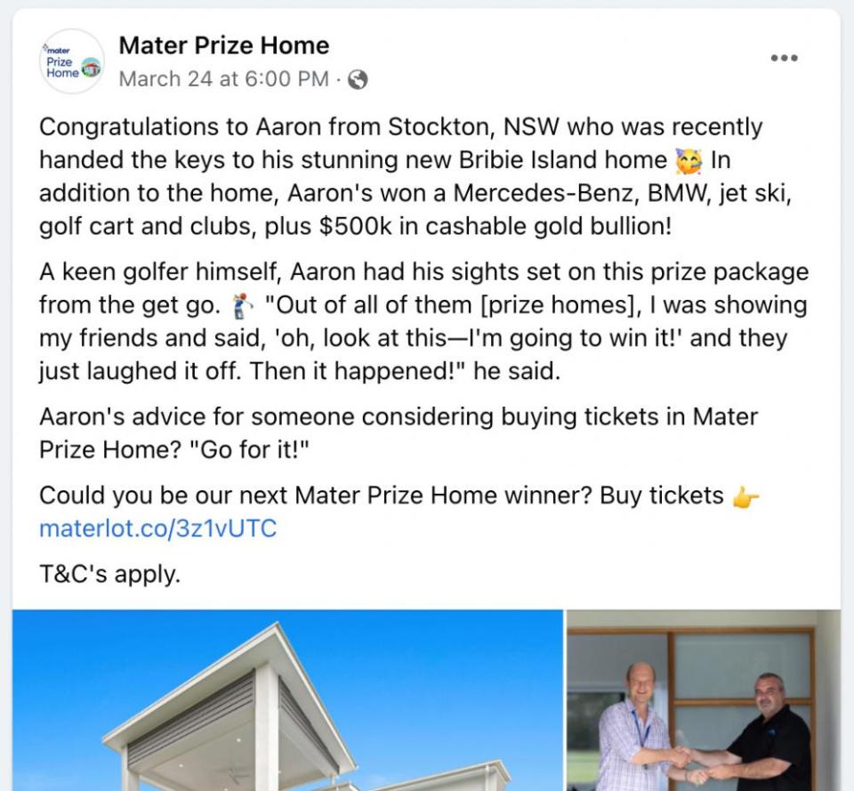 A screenshot of a Facebook post by Mater Prize Home showing lottery winner Aaron, who also appears in a News Corp article.