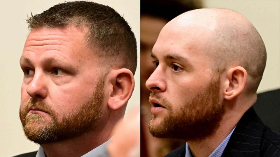 PHOTO: Split photo shows Aurora Police officer Randy Roedema, left, and Aurora Police Officer Randy Roedema during an arraignment in the Adams County district court at the Adams County Justice Center, Jan. 20, 2023. (Andy Cross/MediaNews Group/The Denver Post via Getty Images, FILE)