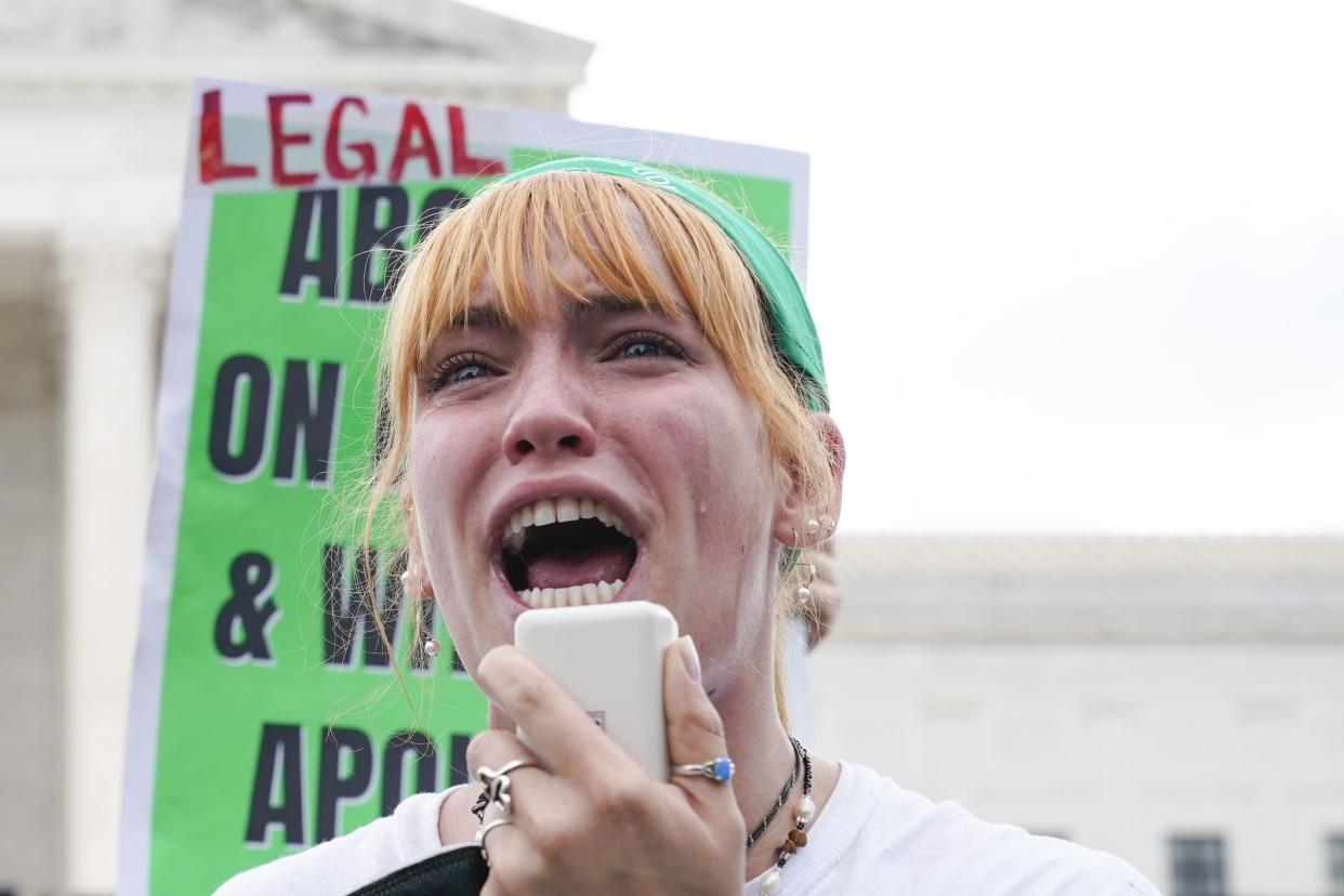 Abortion-rights activist Julianne D’Eredita, 21, of Austin, Texas, speaks following Supreme Court's decision to overturn Roe v. Wade on Friday in Washington.