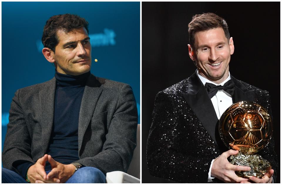 Iker Casillas en un acto en Lisboa y Leo Messi recogiendo el Balón de Oro. (Foto: Bruno de Carvalho / SOPA Images / LightRocket / Getty Images / Aurelien Meunier / Getty Images).