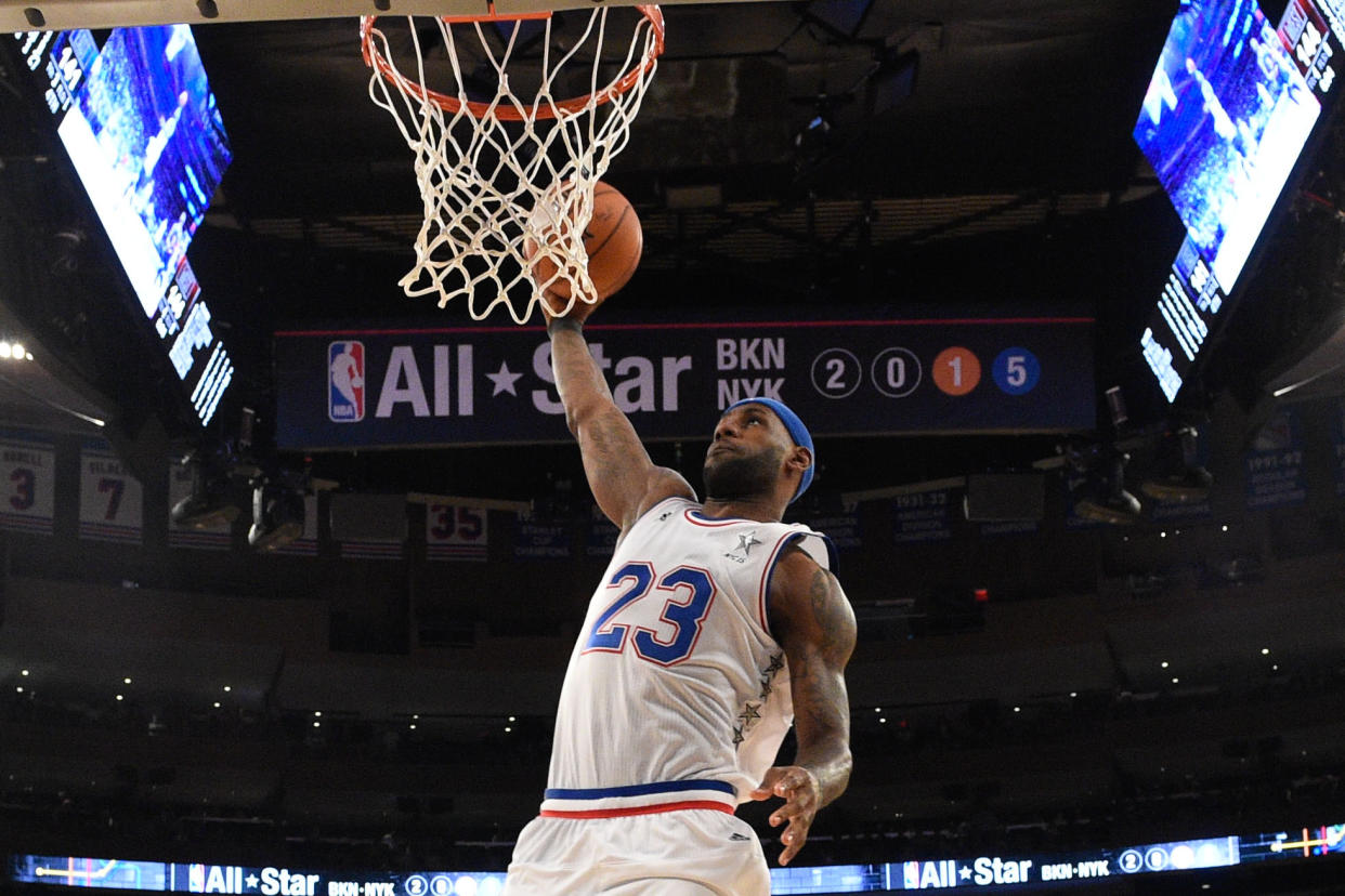 East Team’s LeBron James, of the Cleveland Cavaliers, goes up for a basket during the second half of NBA All-Star basketball game, Sunday, Feb. 15, 2015, in New York. (AP Photo/Bob Donnan, Pool)