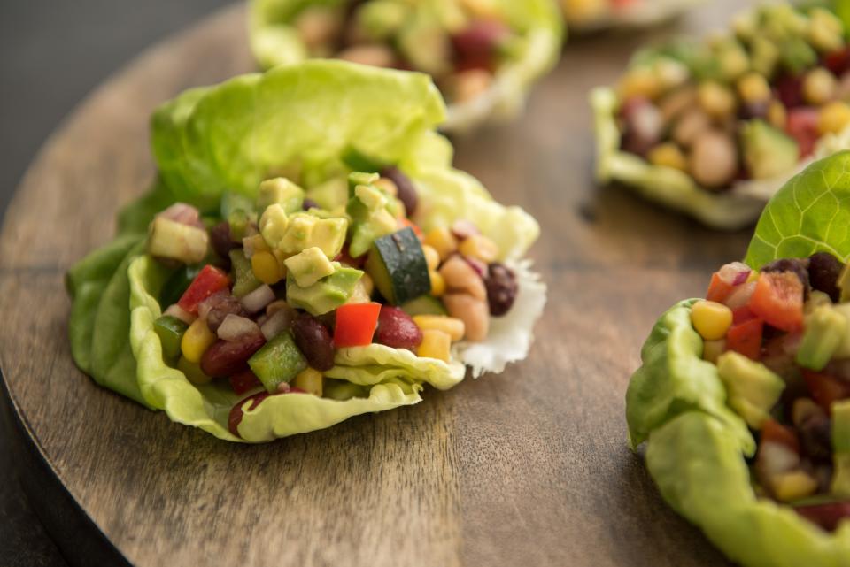 Tex-Mex Bean Salad calls for three varieties of canned beans and a can of corn.