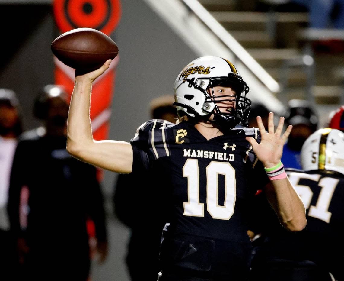 Mansfield quarterback Braxton Van Cleave (10) tosses an incompletion that was almost intercepted in the first half of a UIL high school football game at Vernon Newsom Stadium in Mansfield, Texas, Thursday, Oct. 12, 2023.