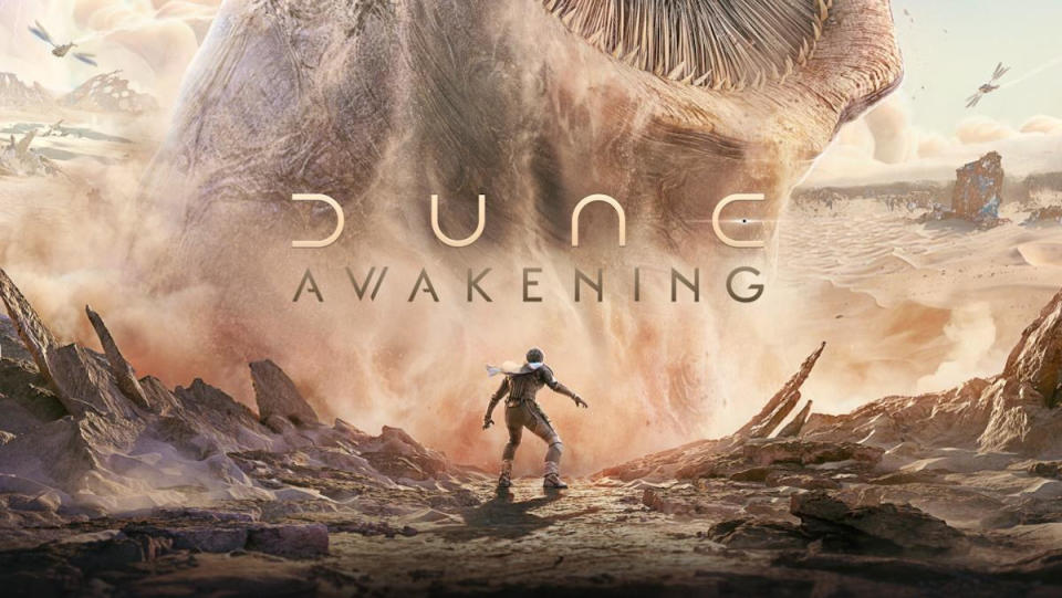 A sandworm looming over a figure on Arrakis in key art for the Dune video game, Dune: Awakening