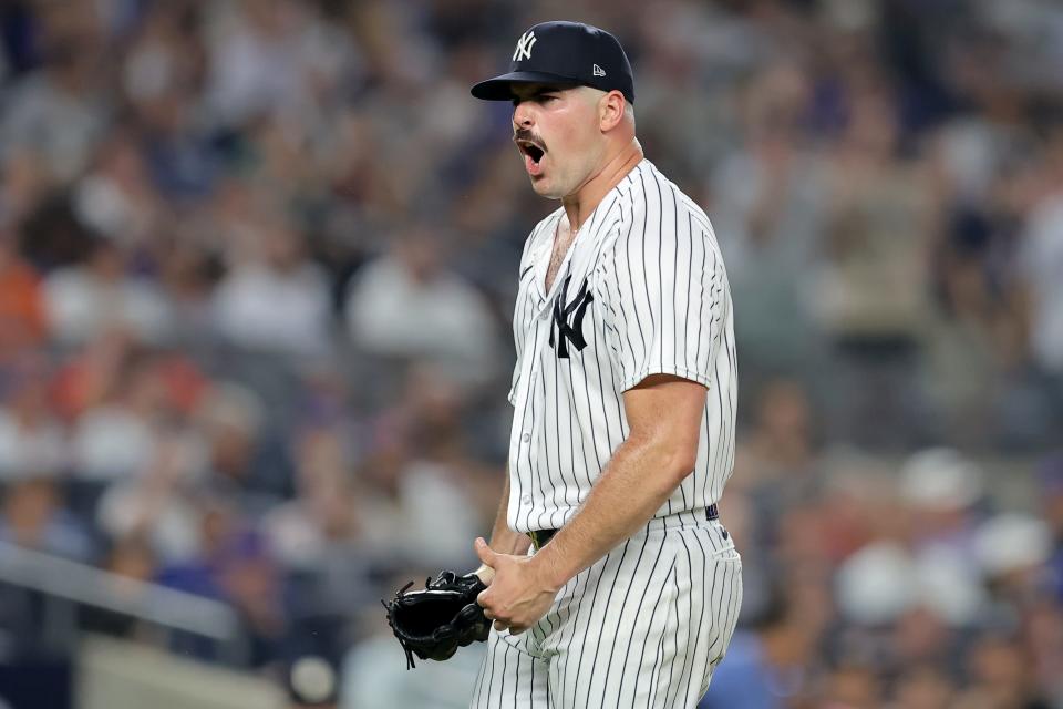 Jul 26, 2023; Bronx, New York, USA; New York Yankees starting pitcher Carlos Rodon (55) reacts during the fifth inning against the New York Mets at Yankee Stadium. Mandatory Credit: Brad Penner-USA TODAY Sports