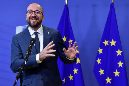 Belgian Prime Minister Charles Michel talks to the media at the start of an International High-Level Conference on Sahel in Brussels, Belgium February 23, 2018. REUTERS/Eric Vidal