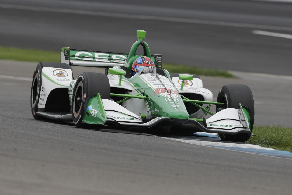 Colton Herta steers his car during qualifications for the Indy GP IndyCar auto race at Indianapolis Motor Speedway, Friday, May 10, 2019 in Indianapolis. (AP Photo/Darron Cummings)