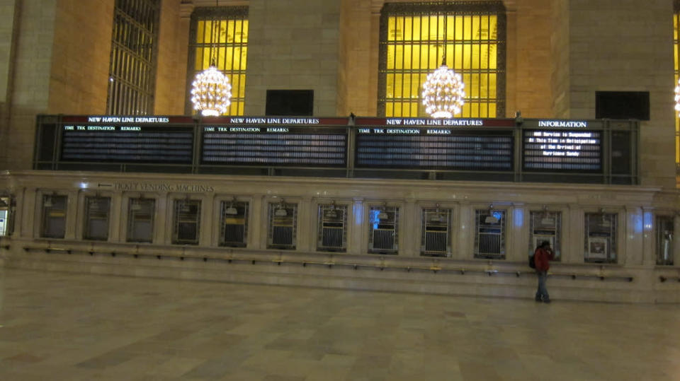 The so-called "big board" at Grand Central, like the terminal itself, is seen virtually empty on Sunday, October 28, 2012, after Mayor Bloomberg ordered a shutdown of the city's transit system ahead of Hurricane Sandy. (Aaron Donovan/MTA)