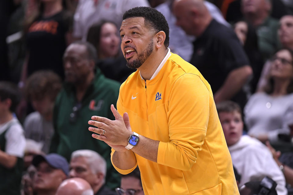 CORAL GABLES, FL - MAR 04: Pittsburgh Head Coach Jeff Capel encourages his players in the second half as the Miami Hurricanes faced the Pittsburgh Panthers on March 4, 2023, at the Watsco Center in Coral Gables, Florida. (Photo by Samuel Lewis/Icon Sportswire via Getty Images)