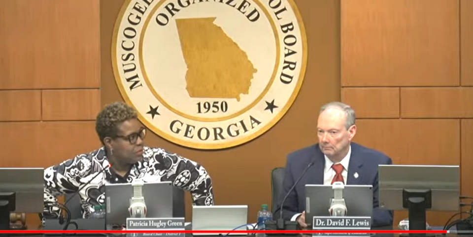 Muscogee County School District Board chairwoman Pat Hugley Green and MCSD superintendent David Lewis participate in the Feb. 20, 2024, meeting at the Muscogee County Public Education Center.