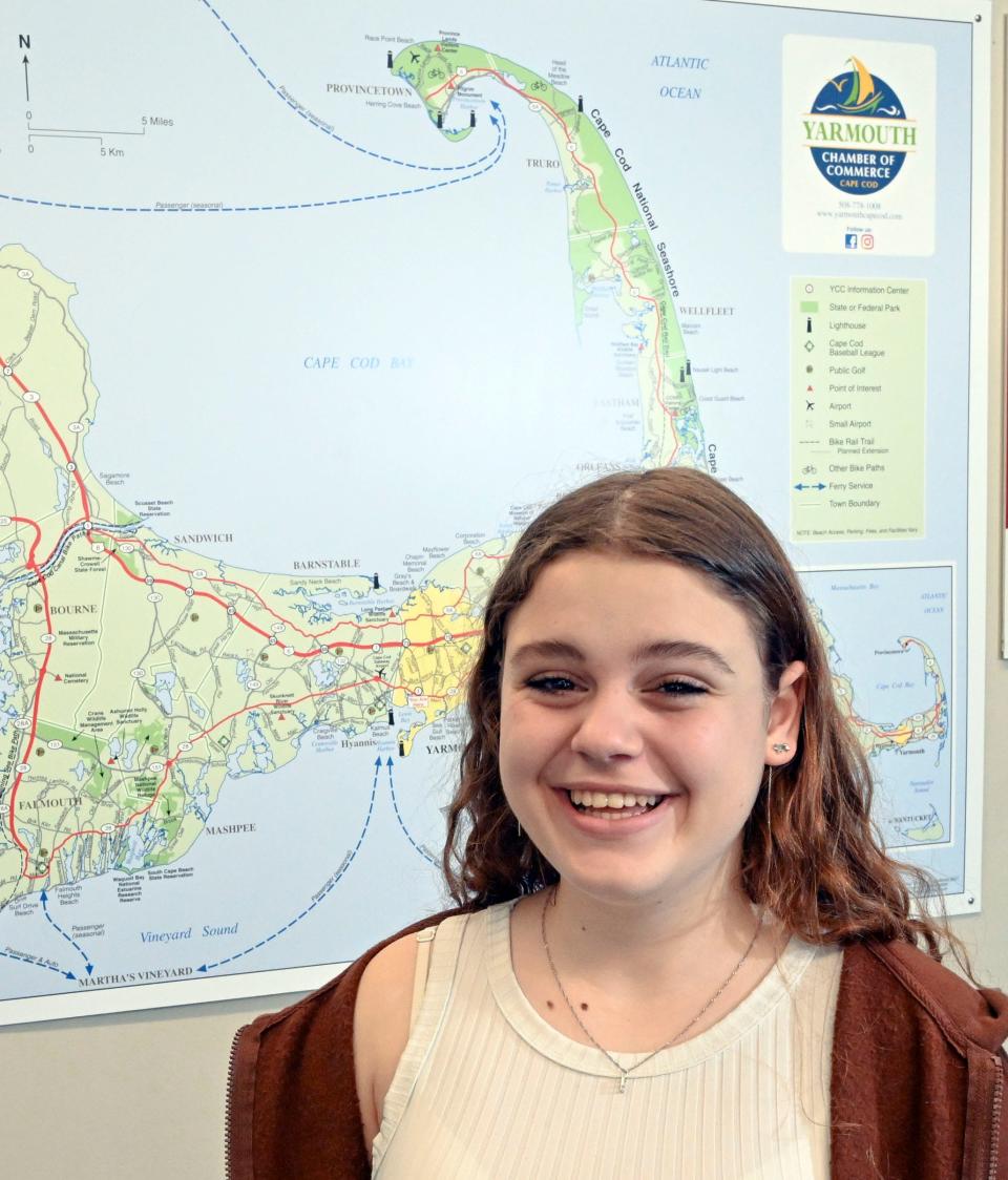 Fifteen-year-old exchange student Emily Stukalo at the Yarmouth Chamber of Commerce building in West Yarmouth.