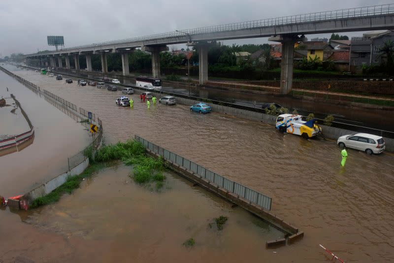 General view during a flood after heavy rain in Bekasi, near Jakarta
