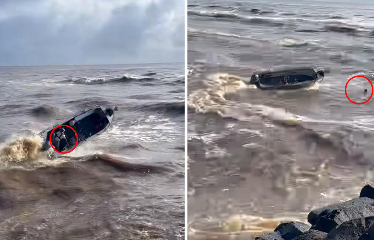 An angler gets bucked out of his boat and then pulls himself back into the unmanned boat as it drives around it circles.