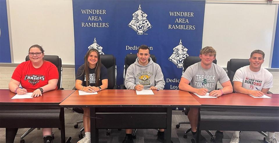 Windber student-athletes, from left, Veronica Crum, Anna Steinbeck, Jake Hostetler, Blake Klosky and John Shuster made their college declarations on May 8, in Windber.
