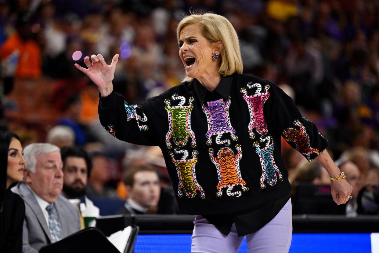 GREENVILLE, SOUTH CAROLINA - MARCH 08: Head coach Kim Mulkey of the LSU Lady Tigers yells to her players against the Auburn Tigers in the second quarter during the quarterfinals of the SEC Women's Basketball Tournament at Bon Secours Wellness Arena on March 08, 2024 in Greenville, South Carolina. (Photo by Eakin Howard/Getty Images)