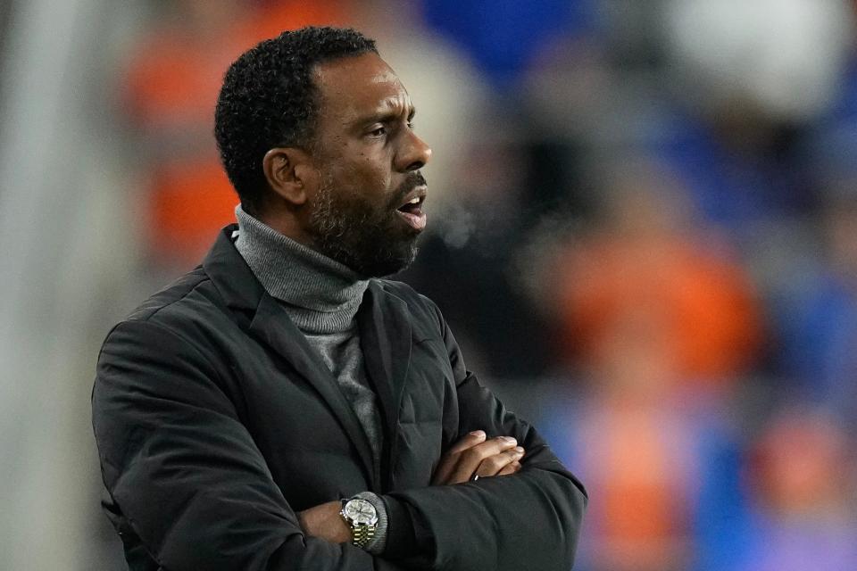 Dec 2, 2023; Cincinnati, Ohio, USA; Columbus Crew head coach Wilfried Nancy yells to his team during the first half of the MLS Cup Eastern Conference Finals against the FC Cincinnati at TQL Stadium.