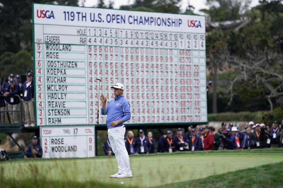 Gary Woodland reacts after missing a putt on the 18th hole during the third round of the U.S. Open Championship golf tournament Saturday, June 15, 2019, in Pebble Beach, Calif. (AP Photo/David J. Phillip)