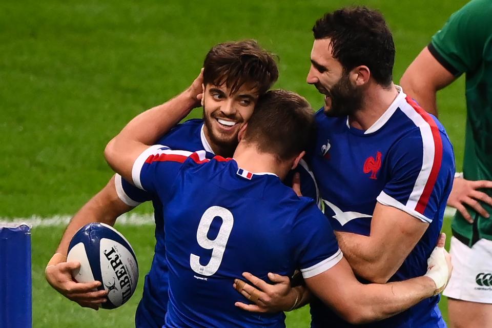 Romain Ntamack celebrates scoring France’s third try against Ireland (AFP via Getty)